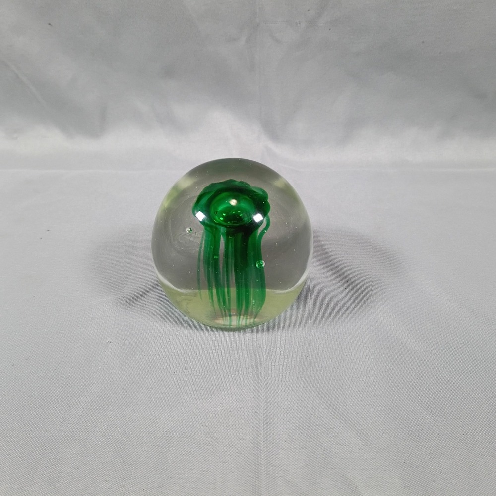Green Controlled Bubble Art Glass Paperweight Jellyfish Flower Sphere Decor